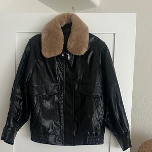 Zara Black Bomber Jacket with Tan Fur Collar